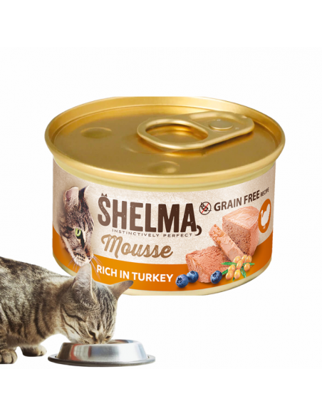 Mus dla dorosłych kotów bogaty w indyka z jagodą i rokitnikiem Shelma 85 g 8595606410572