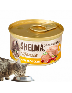 Mus dla dorosłych kotów Bogaty w kurczaka z żurawiną i tymiankiem Shelma 85 g 8595606410602