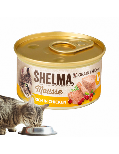 Mus dla dorosłych kotów Bogaty w kurczaka z żurawiną i tymiankiem Shelma 85 g 8595606410602