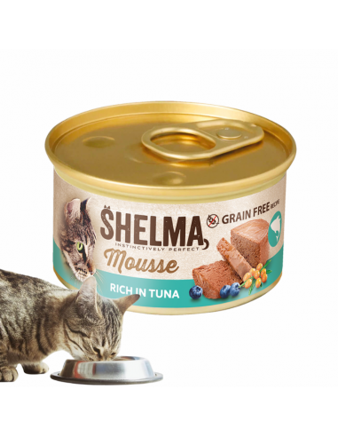 Mus rybny dla dorosłych kotów bogaty w tuńczyka z jagodą i rokitnikiem Shelma 85 g 8595606410626