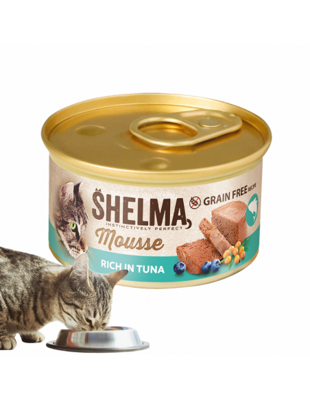 Mus rybny dla dorosłych kotów bogaty w tuńczyka z jagodą i rokitnikiem Shelma 85 g 8595606410626