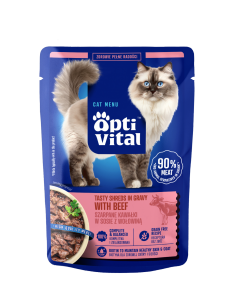 Mokra karma dla kota, szarpane kawałki z wołowiną w sosie OptiVital 85 g 5906764003187