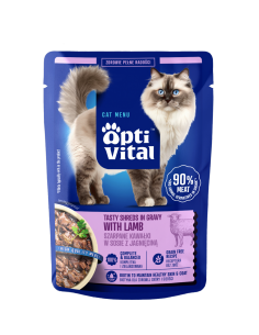 Mokra karma dla kota, szarpane kawałki z jagnięciną w sosie OptiVital 85g 5906764003194