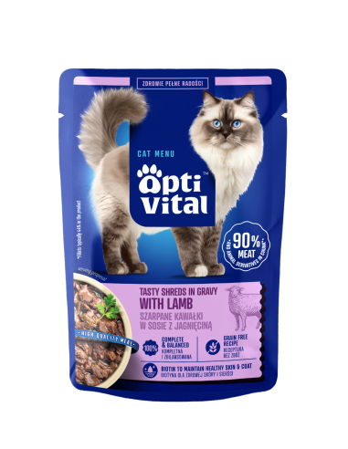 Mokra karma dla kota, szarpane kawałki z jagnięciną w sosie OptiVital 85g 5906764003194