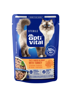 Mokra karma dla kota sterylizowanego, szarpane kawałki z indykiem w sosie OptiVital 85 g 5906764003217