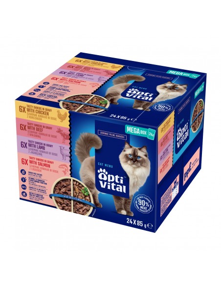 BOX saszetek dla kota z kurczakiem, wołowiną, jagnięciną, łososiem OptiVital 24x85 g 5906764003279