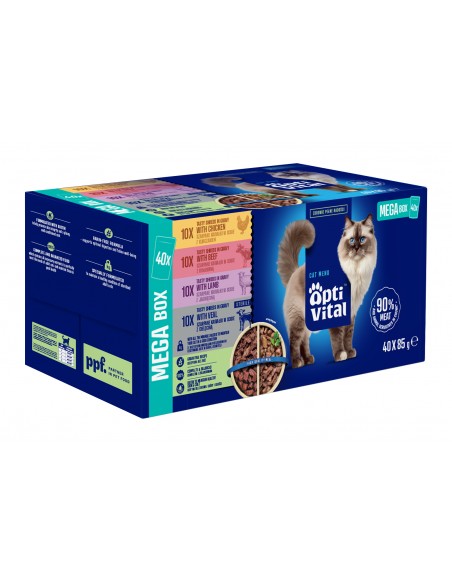 MEGA BOX saszetek dla kota z kurczakiem, wołowiną, jagnięciną i cielęciną  OptiVital 40x85 g 5906764003392