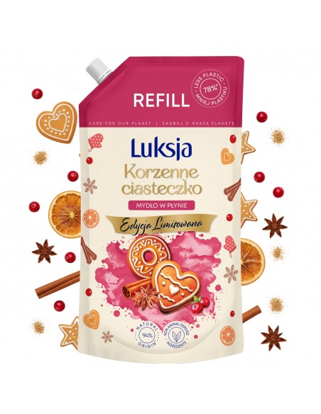 Zimowe mydło w płynie o zapachu ciasteczek korzennych Luksja, zapas 900 ml 5900536360737