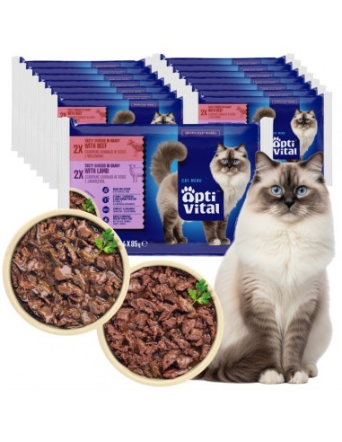 Zestaw saszetek mokrej karmy dla dorosłych kotów z jagnięciną i wołowiną OptiVital 60x85 g 5906764003354