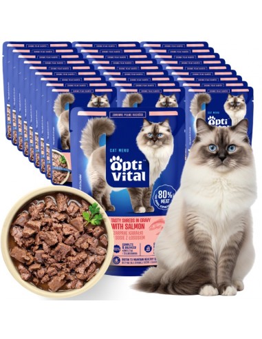 Zestaw saszetek dla kota szarpane kawałki z łososiem w sosie OptiVital 28x85g 5906764003316