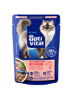 Zestaw saszetek dla kota szarpane kawałki z łososiem w sosie OptiVital 28x85g 5906764003316 2