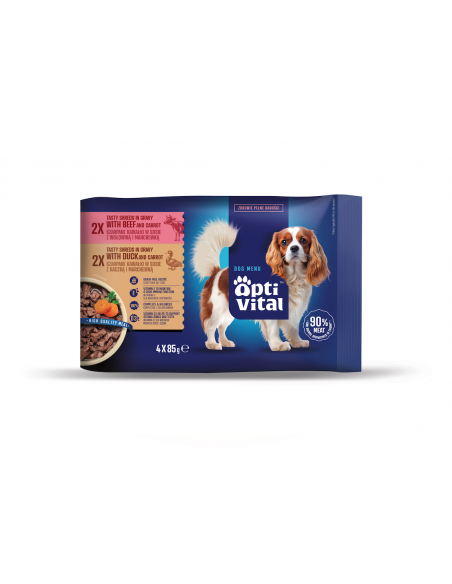 Zestaw saszetek mokrej karmy dla dorosłych psów kawałki z kaczką i wołowiną 60x85g 5906764003101 15