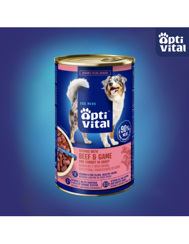 Zestaw puszek dla psa z wołowiną oraz dziczyzną i marchewką w sosie OptiVital 6x1250g 5907467782621 2