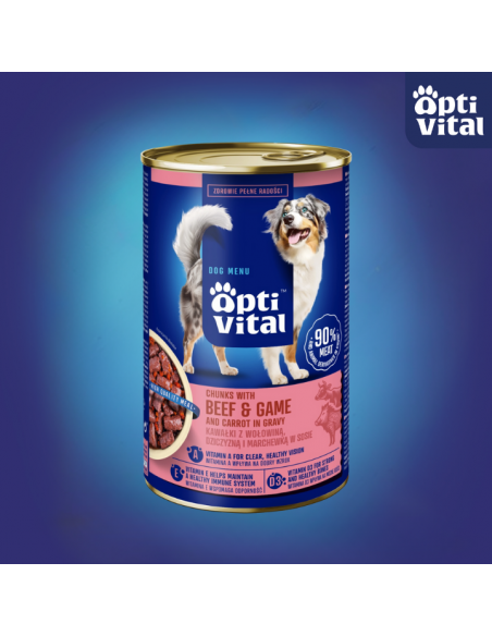 Zestaw puszek dla psa z wołowiną oraz dziczyzną i marchewką w sosie OptiVital 6x1250g 5907467782621 2