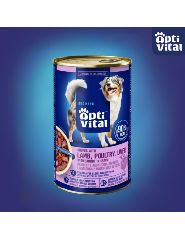 Zestaw puszek dla psa z jagnięciną, wątróbką i marchewką sosie OptiVital 6x1250g 5907467782638 2