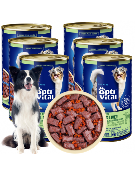 Zestaw puszek dla psa z cielęciną, sercami, wątróbką i marchewką w sosie OptiVital 6x1250g 5907467782645