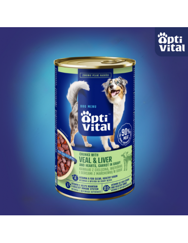 Zestaw puszek dla psa z cielęciną, sercami, wątróbką i marchewką w sosie OptiVital 6x1250g 5907467782645 2