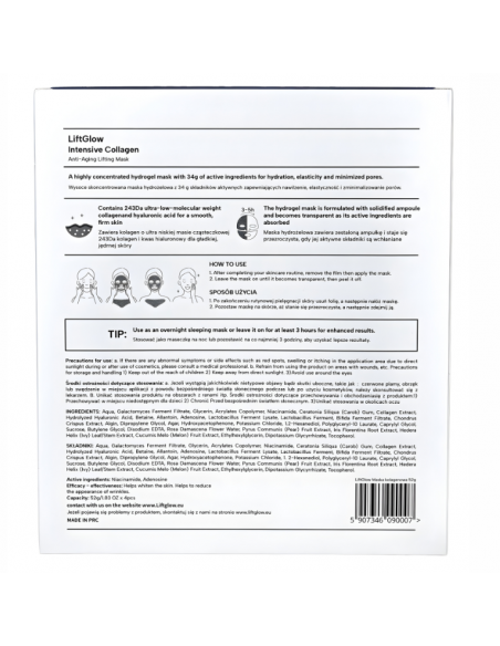 Hydrożelowa maseczka na twarz i dekolt w płachcie LiftGlow Intensive Collagen 4 szt. 5907346090007 4