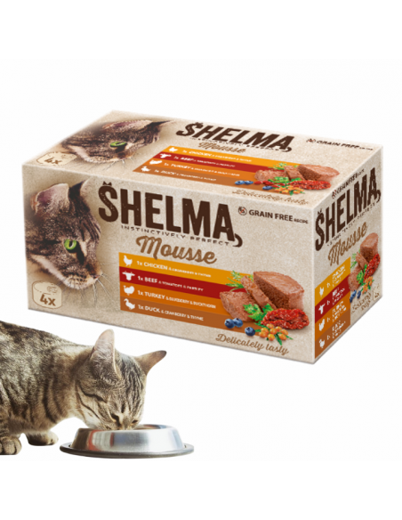 Mokra karma bezzbożowa dla dorosłych kotów z kurczakiem, wołowiną, indykiem i kaczką Shelma 4x85 g 8595606410633