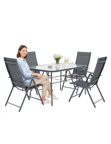 Wygodny zestaw mebli ogrodowych dla 4 osób: stół szklany + 4x fotel regulowany 5905842532526