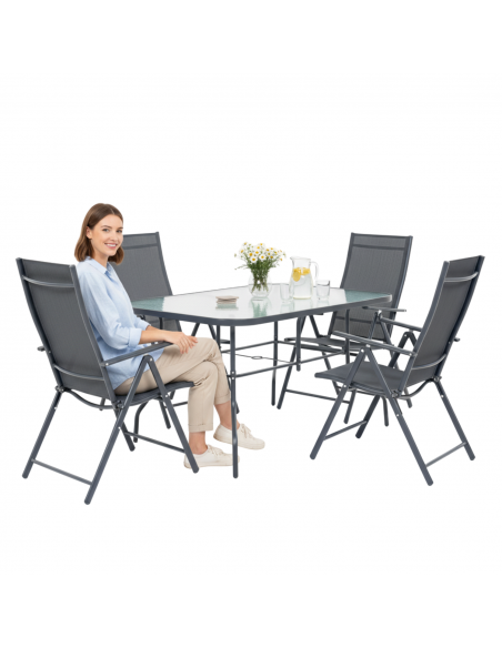 Wygodny zestaw mebli ogrodowych dla 4 osób: stół szklany + 4x fotel regulowany 5905842532526