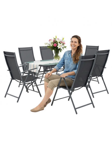 Duży zestaw komplet mebli ogrodowych dla 6 osób: stół szklany + 6x fotel regulowany 5905842532526