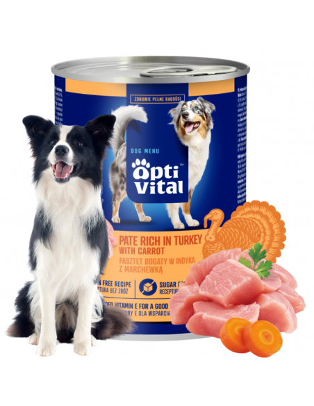 Pasztet dla dorosłych psów z kurczakiem, bogaty w indyka z marchewką OptiVital 400 g 5906764003453