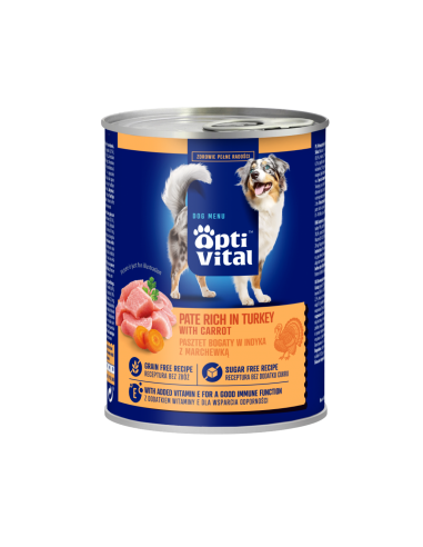 Pasztet dla dorosłych psów z kurczakiem, bogaty w indyka z marchewką OptiVital 400 g 5906764003453 2