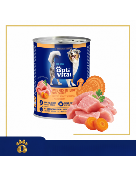 Pasztet dla dorosłych psów z kurczakiem, bogaty w indyka z marchewką OptiVital 400 g 5906764003453 13