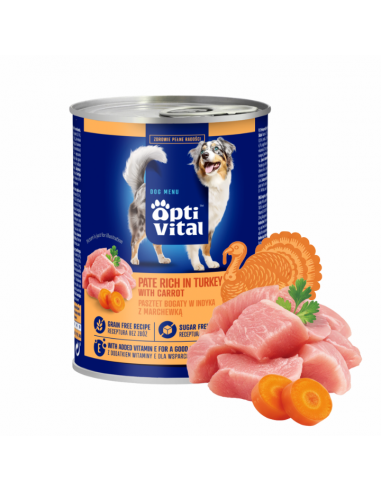 Pasztet dla dorosłych psów z kurczakiem, bogaty w indyka z marchewką OptiVital 400 g 5906764003453 14