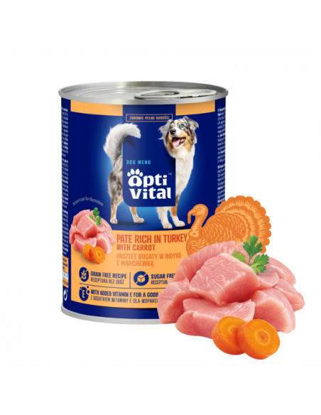 Pasztet dla dorosłych psów z kurczakiem, bogaty w indyka z marchewką OptiVital 400 g 5906764003453 14