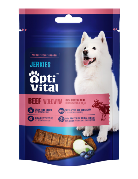 Mięsne filety bogate w wołowinę, bezzbożowa przekąska dla psa OptiVital 80 g 5906764003033 15