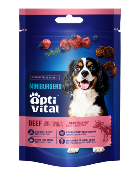Mięsne miniburgerki z wołowiną, borówką i rozmarynem, przysmaki dla psa OptiVital 60 g 5907467782805 7