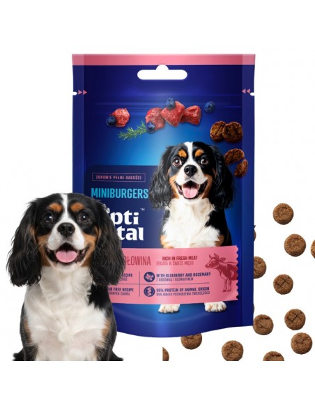 Mięsne miniburgerki z wołowiną, borówką i rozmarynem, przysmaki dla psa OptiVital 60 g 5907467782805 10