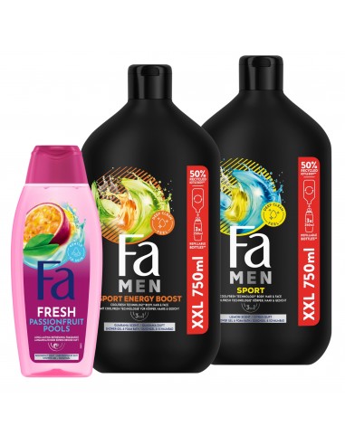 Zestaw żeli pod prysznic Fa Men 2x750 ml (Sport + Energy Boost) + Passion Fruit 400 ml 9000101609394