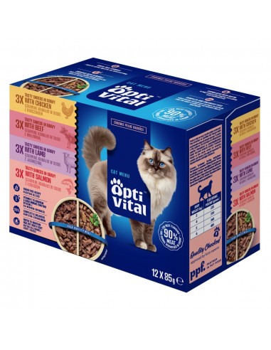 Mokra karma dla kota, szarpane kawałki mięsa w sosie, mix 4 smaków OptiVital 12x 85 g 