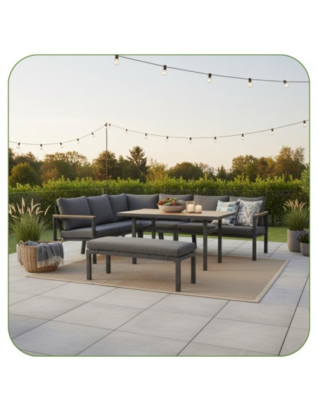 Zestaw mebli ogrodowych: narożnik + stół obiadowy + ławka z poduszkami Siena Meven  2