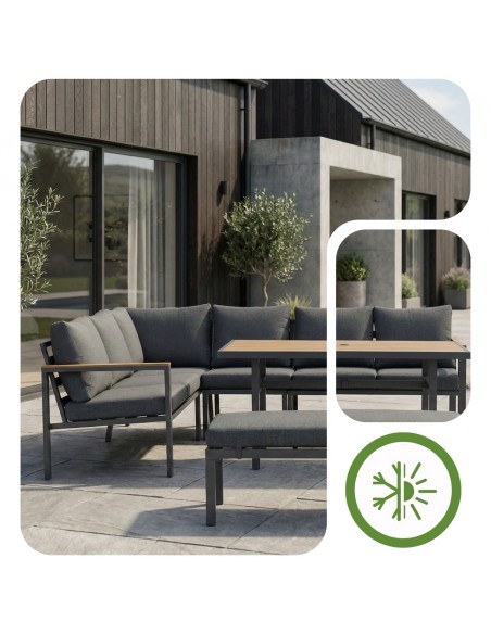 Zestaw mebli ogrodowych: narożnik + stół obiadowy + ławka z poduszkami Siena Meven  9