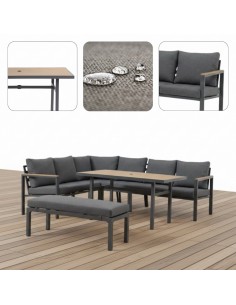 Zestaw mebli ogrodowych: narożnik + stół obiadowy + ławka z poduszkami Siena Meven 