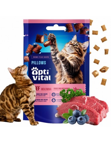 Bezzbożowe chrupiące poduszeczki dla kota z wołowiną i borówkami OptiVital 60 g 