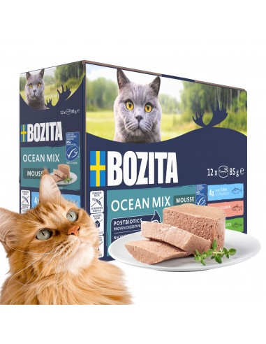 Mokra karma dla kota mus mix smaków tuńczyk łosoś czarniak bez zbóż Bozita 12x85g 