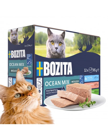 Mokra karma dla kota mus mix smaków tuńczyk łosoś czarniak bez zbóż Bozita 12x85g 
