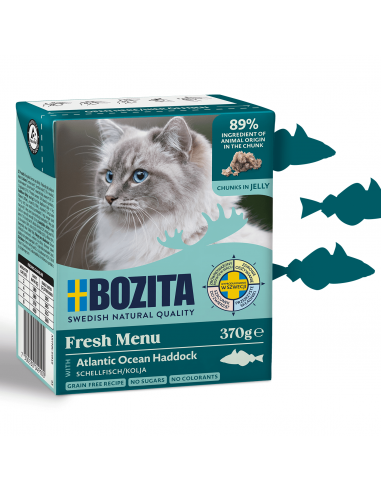 Mokra karma dla kota z mięsnymi kawałkami w galaretce z dorszem Bozita 370 g 