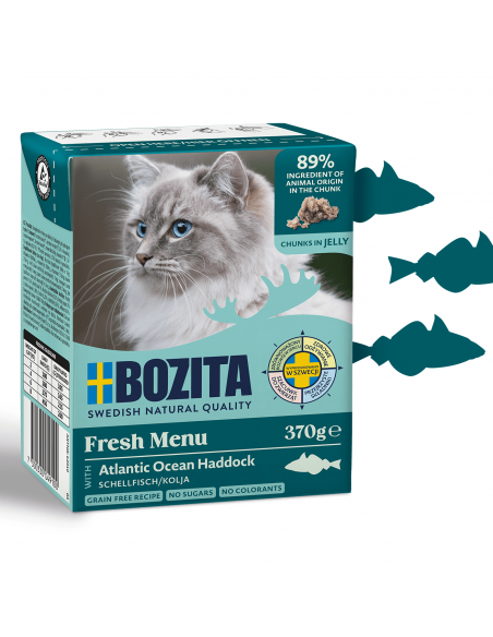 Mokra karma dla kota z mięsnymi kawałkami w galaretce z dorszem Bozita 370 g 