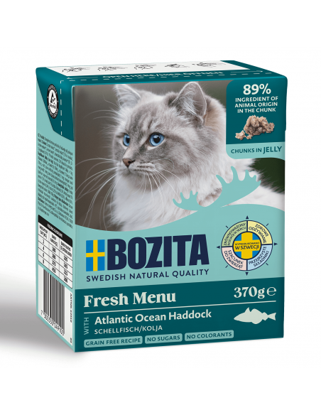 Mokra karma dla kota z mięsnymi kawałkami w galaretce z dorszem Bozita 370 g  2