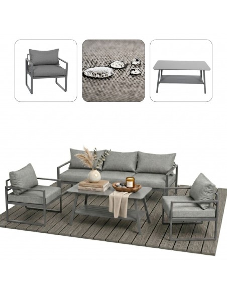 Wygodny zestaw wypoczynkowy do ogrodu na taras Coruna Meven sofa + 2x fotel + stół grafit  2