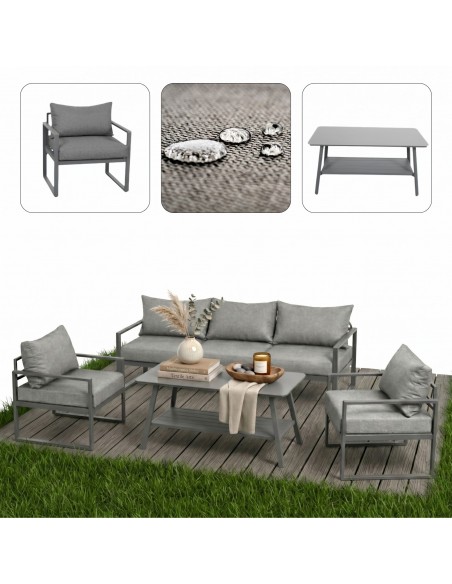Wygodny zestaw wypoczynkowy do ogrodu na taras Coruna Meven sofa + 2x fotel + stół grafit  3