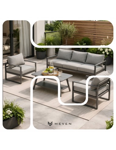 Wygodny zestaw wypoczynkowy do ogrodu na taras Coruna Meven sofa + 2x fotel + stół grafit  6