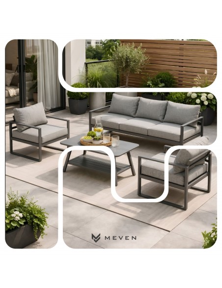Wygodny zestaw wypoczynkowy do ogrodu na taras Coruna Meven sofa + 2x fotel + stół grafit  6