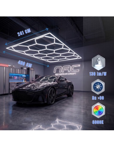 Modułowe oświetlenie sufitowe LED HEXAGON warsztatowe garażowe biurowe NAC-A0007H14R z ramą 2410×4800 mm, 6000 K  6